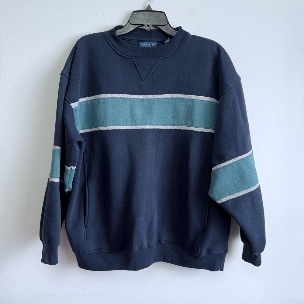 Towncraft XL Navy Blue Pullover Sweatshirt Teal Stripe 90s Retro Colorblock